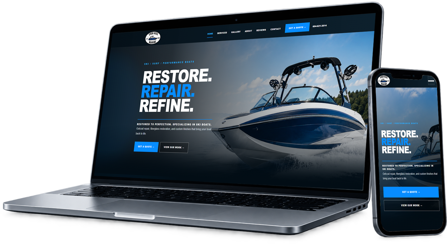 EvenKeel Marine website shown on desktop and mobile